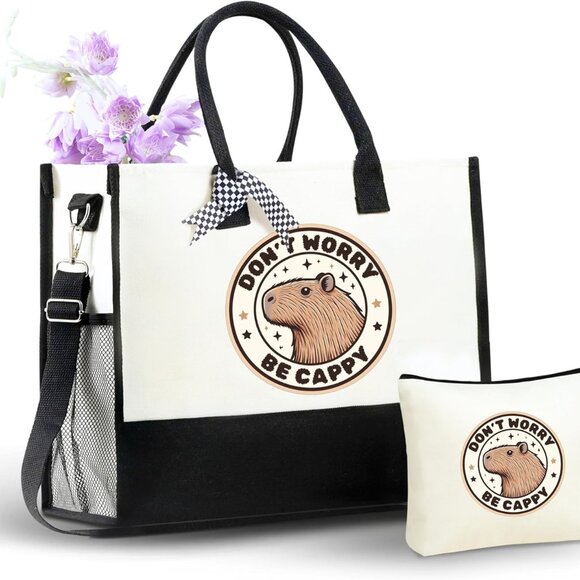 Canvas Tote Bag Polyester Large Zip Shoulder Strap Versatile Gift - Picture 1 of 7